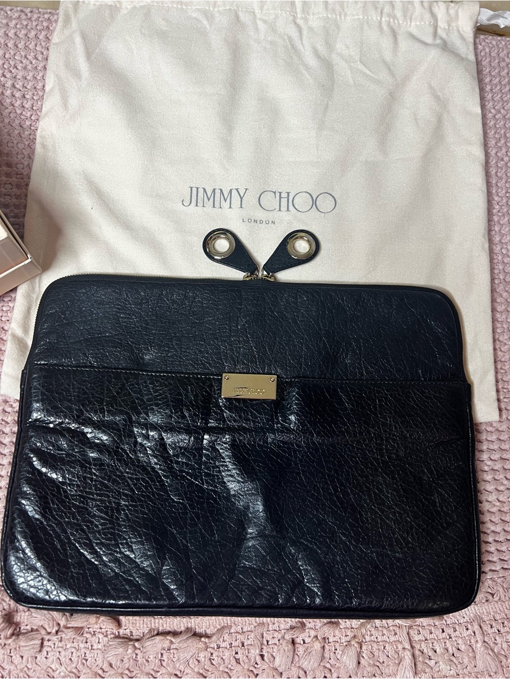 JIMMY CHOO leather laptop sleeve/flat zipper portfolio clutch Box Dustie COA